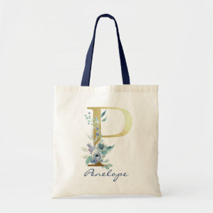 Goldener Monogramm-Buchstabe P Blau Name Floral-De Tragetasche
