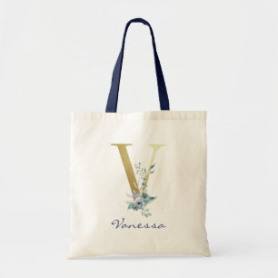 Goldener Monogramm-Buchstabe V Blau Name Floraldek Tragetasche