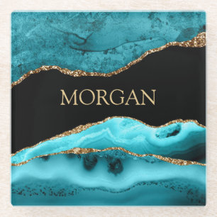 Goldener Name, Schwarz, Gold & Teal-Achat Glasuntersetzer