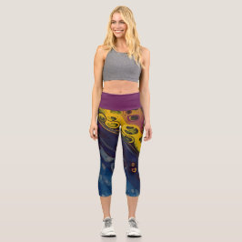 Goldener Nebel, Hellgelb, Blau, Silber Capri Leggings