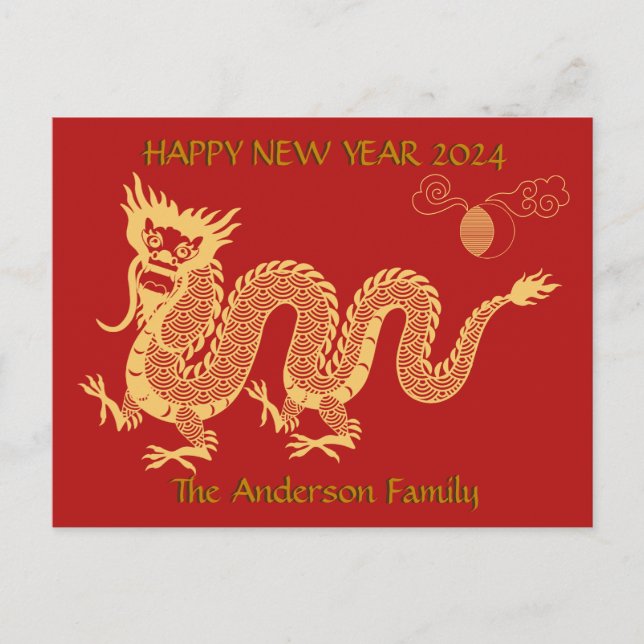 Goldener Neujahrsdrache 2024 Chinesisch Postkarte (Vorderseite)