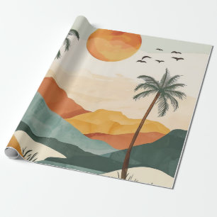 Goldener Oranger Retro-Tropischer Bergsonnenunterg Geschenkpapier