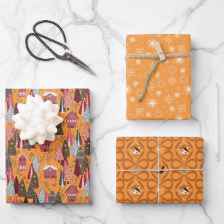 Goldener Oranger Weihnachtswald Dorf Vögel Geschenkpapier Set