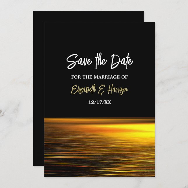 Goldener Ozean, elegante Hochzeit am Strand Save The Date (Vorne/Hinten)