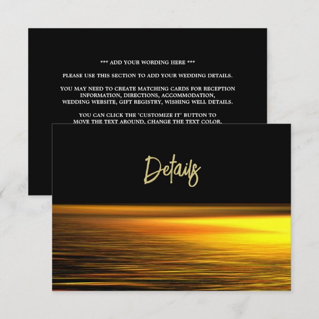 Goldener Ozean, Eleganter Strand - Hochzeitsdetail Begleitkarte (Vorne/Hinten)