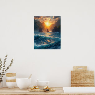 Goldener Ozean Sonnenuntergang Berg Küsten Natur Poster