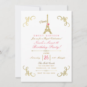 Goldener Paris Eiffelturm Rosa Rose Süße 16 Party Einladung