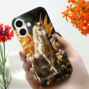 Goldener Pegasus Florale Fantasie Fee Pferd iPhone 16 Hülle