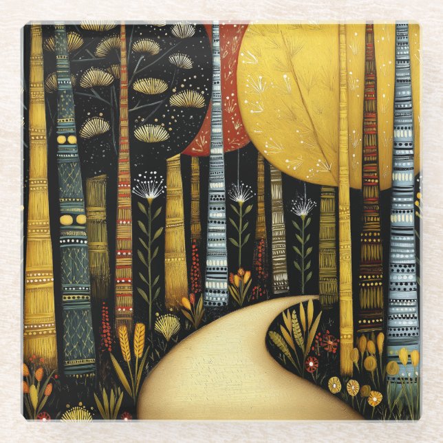 GOLDENER PFAD GROVE WHIMSICALISCHER WALD KUNST #1 GLASUNTERSETZER (Vorderseite)