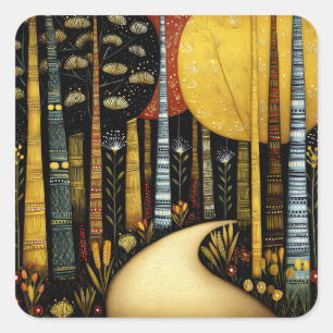 GOLDENER PFAD GROVE WHIMSICALISCHER WALD KUNST #1 QUADRATISCHER AUFKLEBER
