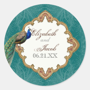 Goldener Pfau & Schwünge - Hochzeitsaufkleber oder Runder Aufkleber