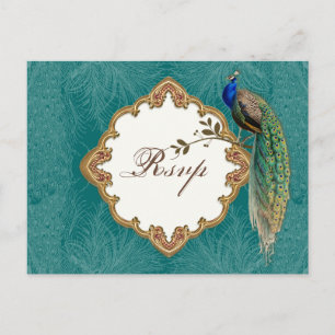 Goldener Pfau & Schwünge - RSVP-Antwort-Postkarte Einladungspostkarte