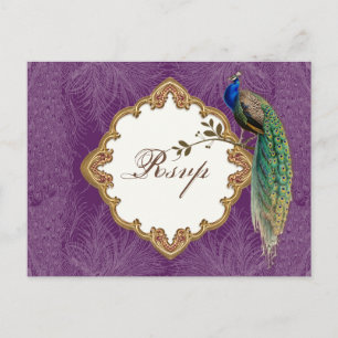 Goldener Pfau & Schwünge - RSVP-Antwort-Postkarte Einladungspostkarte