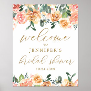 Goldener Pfirsich-Blumen-Hochzeitsdusche-Willkomme Poster