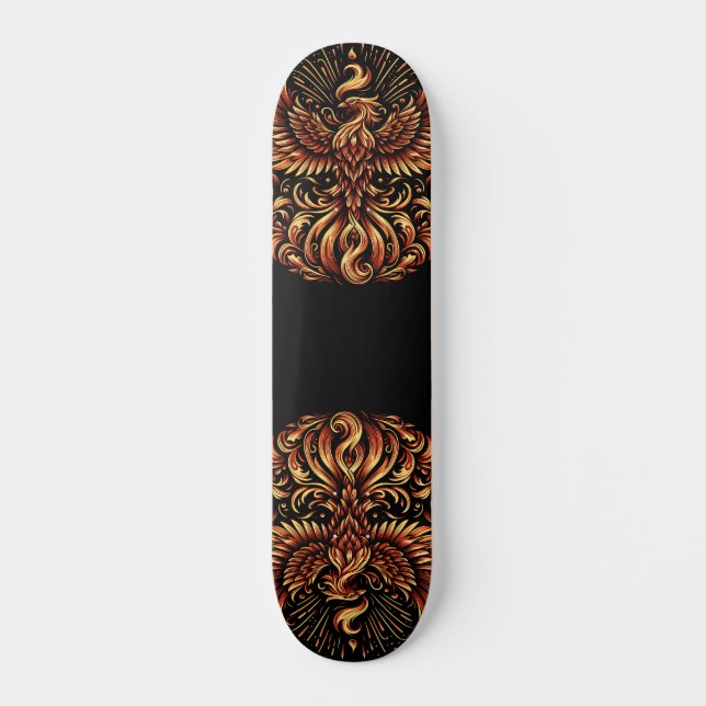 Goldener Phönix auf schwarzem Skate Deck Skateboard (Vorderseite)