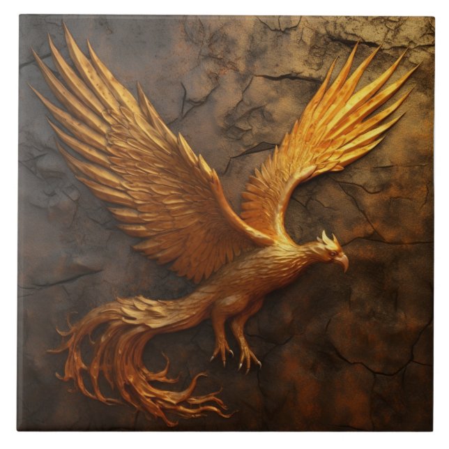 Goldener Phönix mit Effekt von gesprungenem Stein Fliese (Vorderseite)