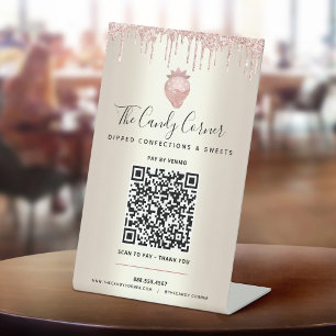 Goldener QR-Code Bezahlen Sie hier Rosa Erdbeere G Sockelschild