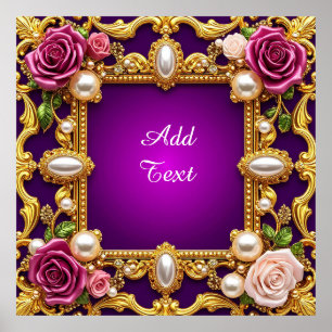 Goldener Rahmen mit eleganten Rosen und Perlen Poster