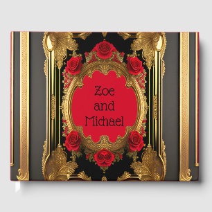 Goldener Rahmen mit rote Rosen, gotische Hochzeit Gästebuch