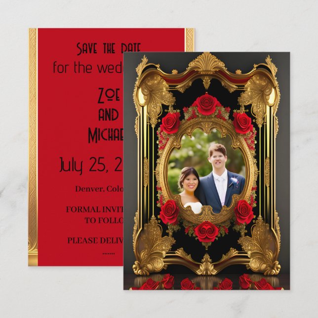 Goldener Rahmen mit rote Rosen, gotisches Foto Save The Date (Vorne/Hinten)