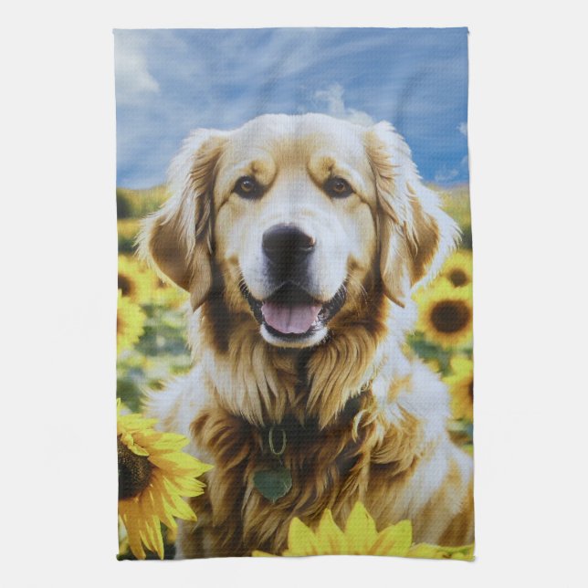Goldener Retriever auf dem Sonnenblumenfeld Geschirrtuch (Vertikal)