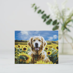 Goldener Retriever auf dem Sonnenblumenfeld Postkarte