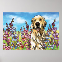 Goldener Retriever auf einer Wiese von Snapdragons
