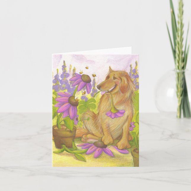 Goldener Retriever, Blumen u. Bienen/Notecard Karte (Vorderseite)