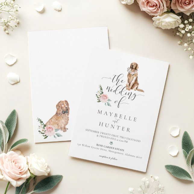 Goldener Retriever, Cocker Spaniel, floral Einladung (Watercolor Golden Retriever, Cocker Spaniel Floral Invitation)