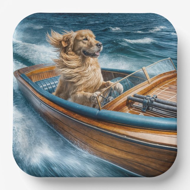 Goldener Retriever, der ein altes Holzboot fährt Pappteller (Vorderseite)