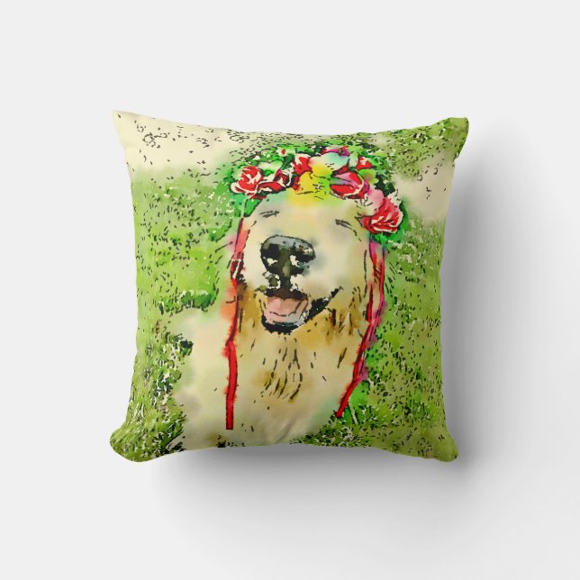 Goldener Retriever-Hund mit Blumen-KroneWatercolor Kissen (Vorderseite)
