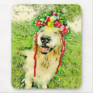 Goldener Retriever-Hund mit Blumen-KroneWatercolor Mousepad