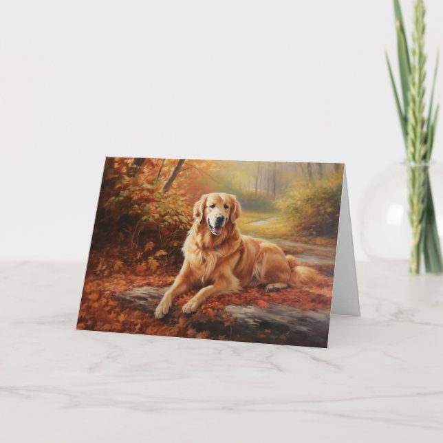 Goldener Retriever im Herbst Leaves Inspiriert Karte (Vorderseite)