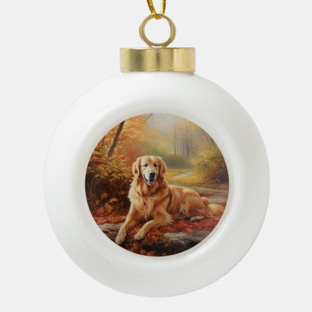 Goldener Retriever im Herbst Leaves Inspiriert Keramik Kugel-Ornament (Vorderseite)
