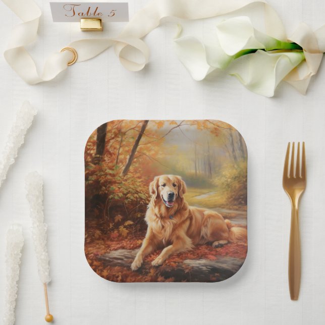 Goldener Retriever im Herbst Leaves Inspiriert Pappteller (Hochzeit)