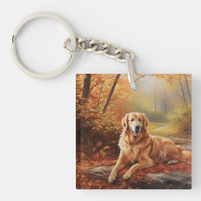 Goldener Retriever im Herbst Leaves Inspiriert Schlüsselanhänger (Vorderseite)