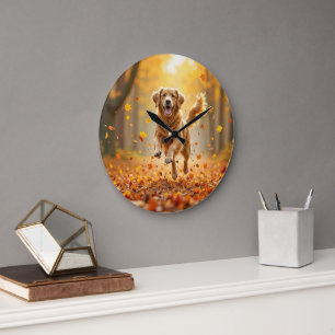 Goldener Retriever im Herbstwald Große Wanduhr
