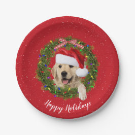 Goldener Retriever im Weihnachtskranz Pappteller