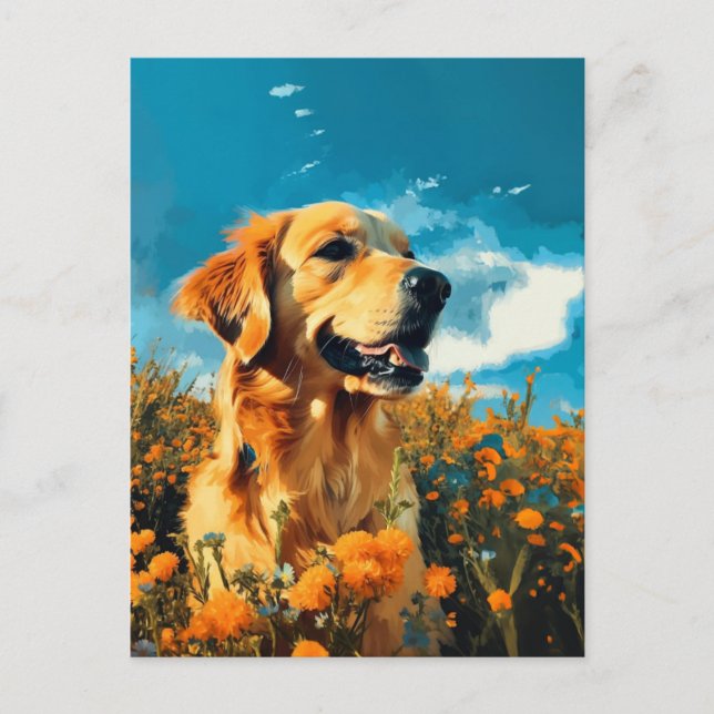 Goldener Retriever in Blumenfeldern - Postkarte (Vorderseite)