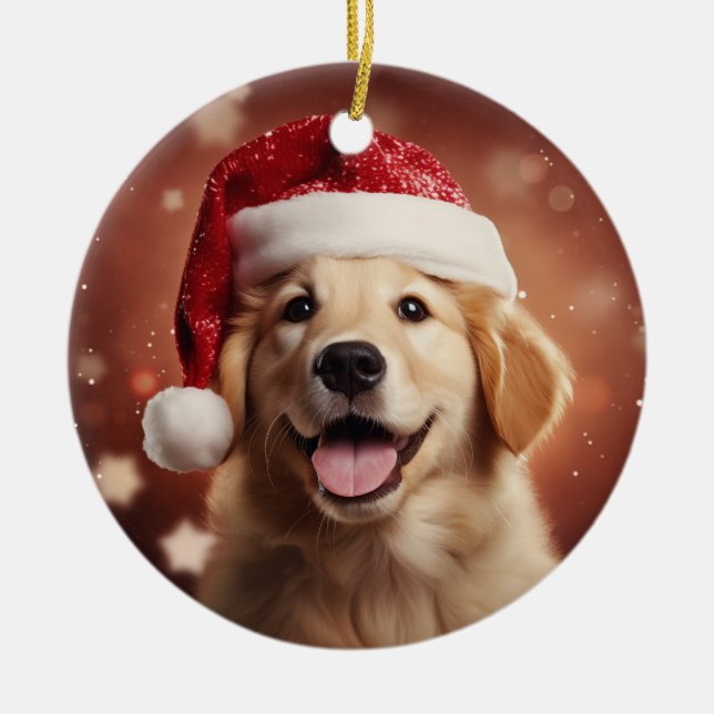 Goldener Retriever in der Weihnachtsmannmütze Keramik Ornament (Vorne)