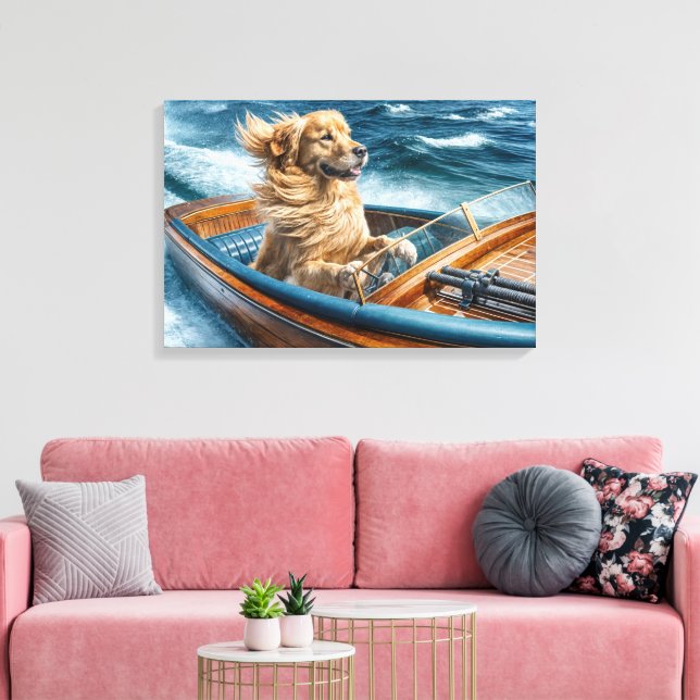 Goldener Retriever in einem Vintagen Holzmotorschi Leinwanddruck (Insitu (Wohnzimmer))