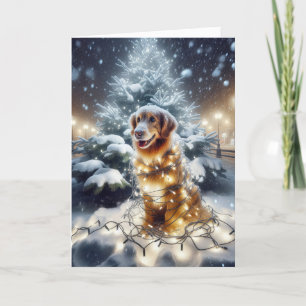 Goldener Retriever in Weihnachtsbeleuchtung getanz Feiertagskarte