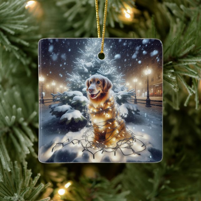 Goldener Retriever in Weihnachtsbeleuchtung getanz Keramikornament (Baum)