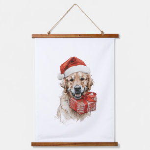 Goldener Retriever in Weihnachtsmannmütze mit Gesc Wandteppich Mit Holzrahmen