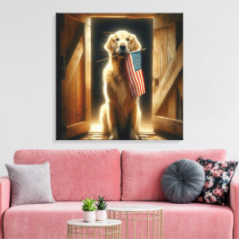 Goldener Retriever mit amerikanischer Flagge Leinwanddruck