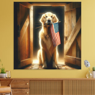 Goldener Retriever mit amerikanischer Flagge Leinwanddruck
