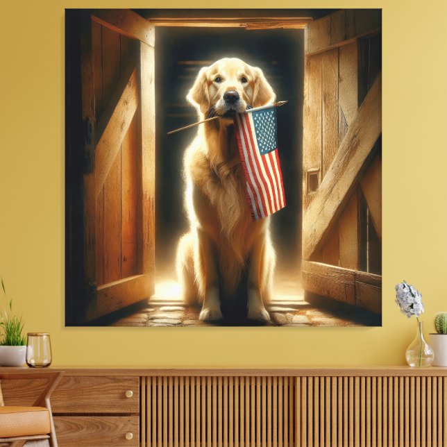 Goldener Retriever mit amerikanischer Flagge Leinwanddruck (Insitu (Wohnzimmer))