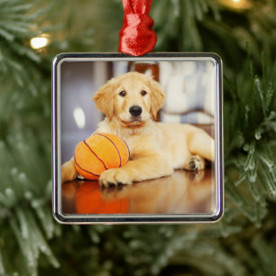 Goldener Retriever mit Basketballspielzeug Ornament Aus Metall