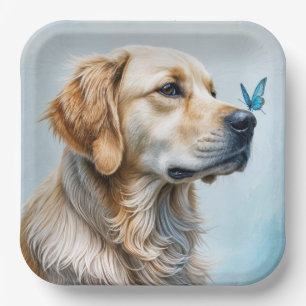 Goldener Retriever mit blauem Schmetterling Pappteller