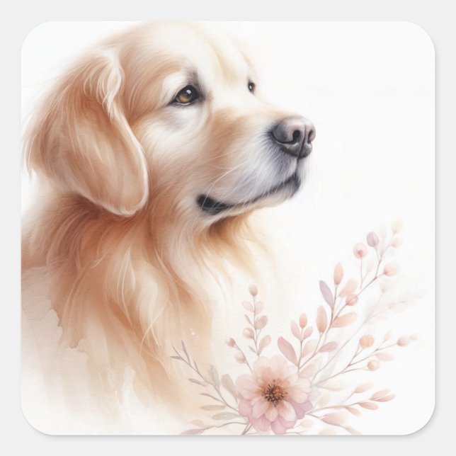Goldener Retriever mit Blume Aquarell Quadratischer Aufkleber (Vorderseite)